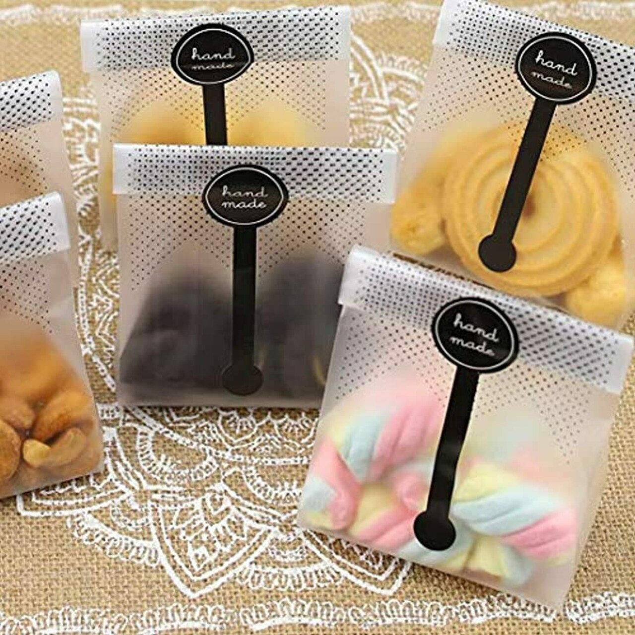 80 Pieces Cookie Bags for Packaging, Searik Translucent Plastic Cellophane Pastry Treat Bags for Party Gift Giving Bakery Bread Candy Chocolate Wrapping Goods with Stickers and Ribbon (3.5 x 8.8 Inches)